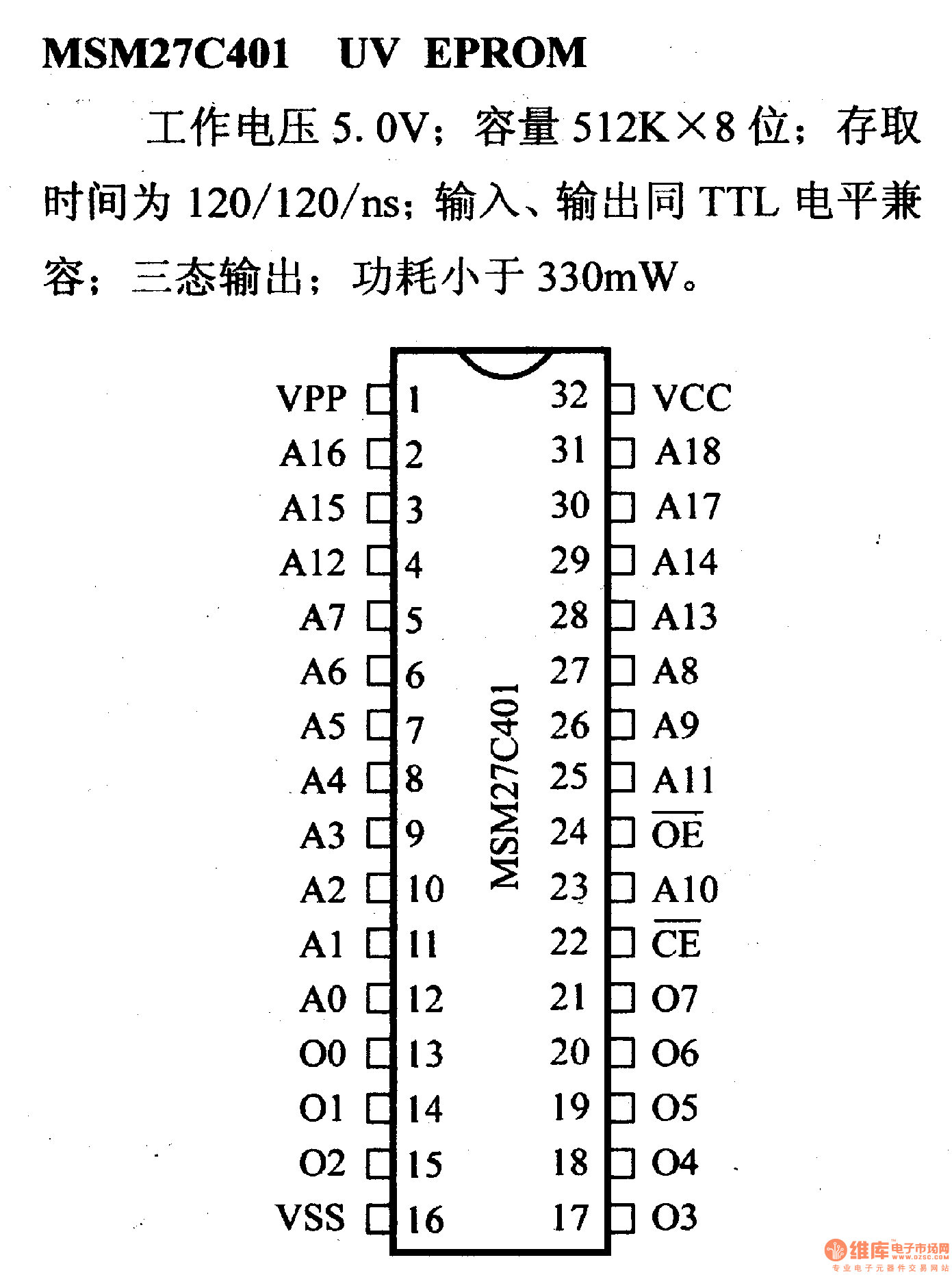 引腳及主要特性MSM27C401  UV EPROM