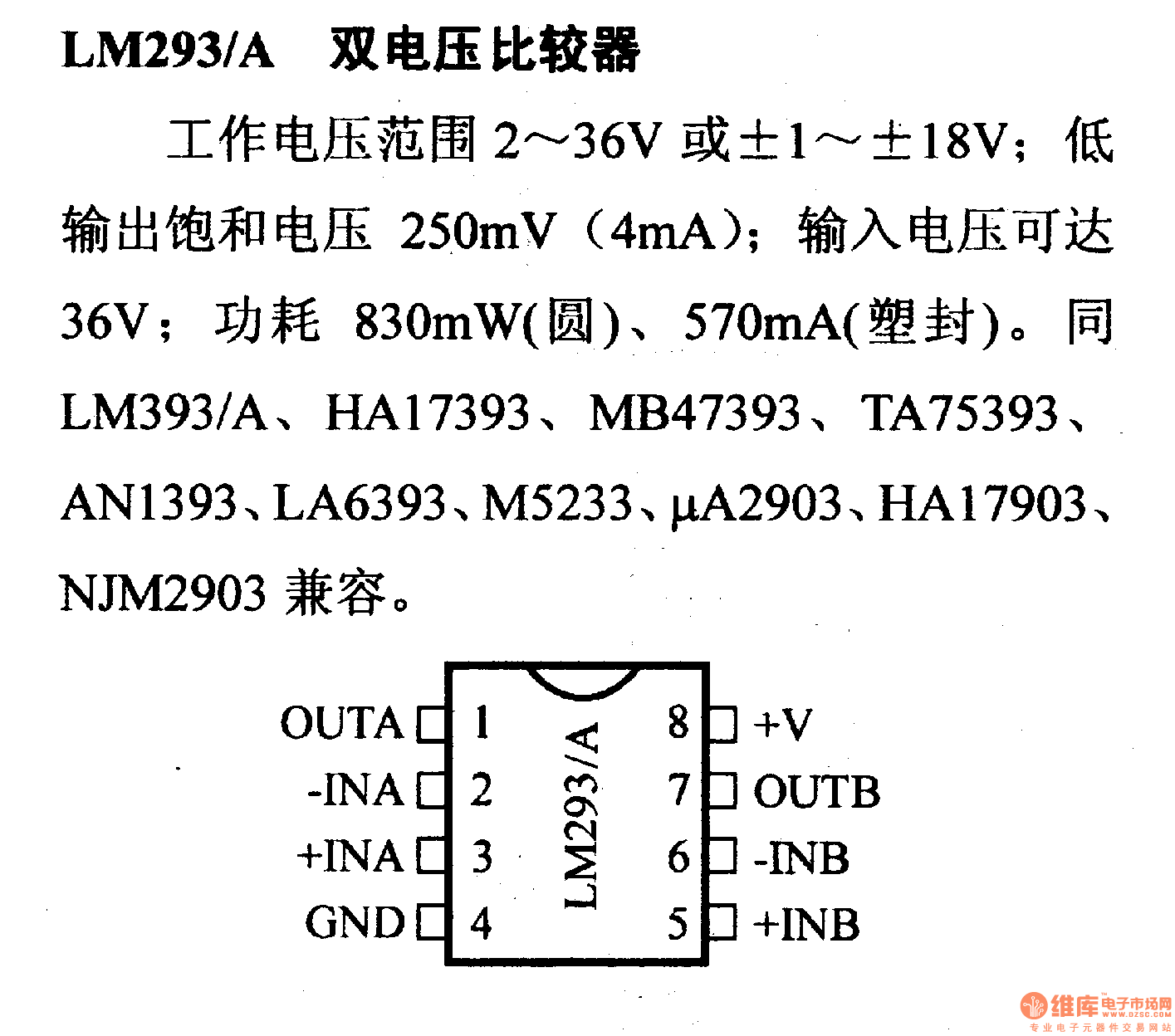 電路引腳及主要特性LM293/A 雙電壓比較器