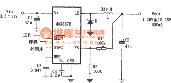 MAX887H構(gòu)成的低噪聲、高效率PWM降壓變換電源