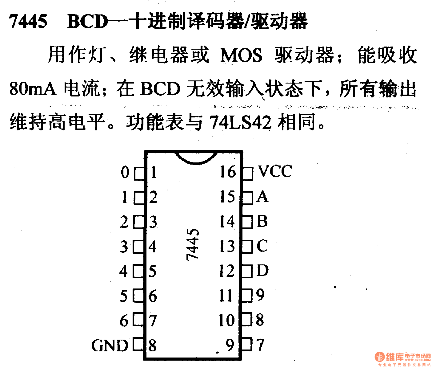 74系列數(shù)字電路7445.BCD-十進(jìn)制譯碼器/驅(qū)動(dòng)器