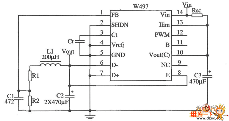 一種采用W497構(gòu)成的降壓型開(kāi)關(guān)穩(wěn)壓器電路圖