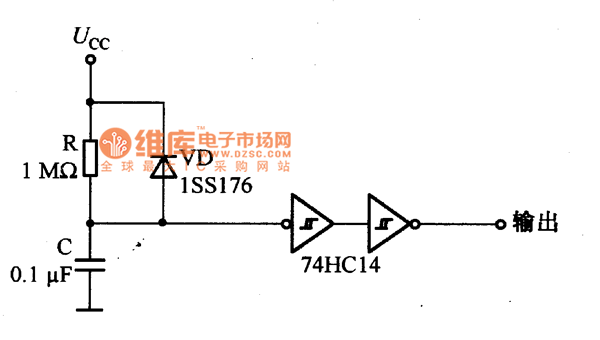 RC電路后接施密特觸發(fā)器的復(fù)位電路圖