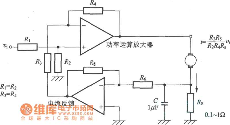 利用功率放大器作為差動放大器的電流控制方式電路圖