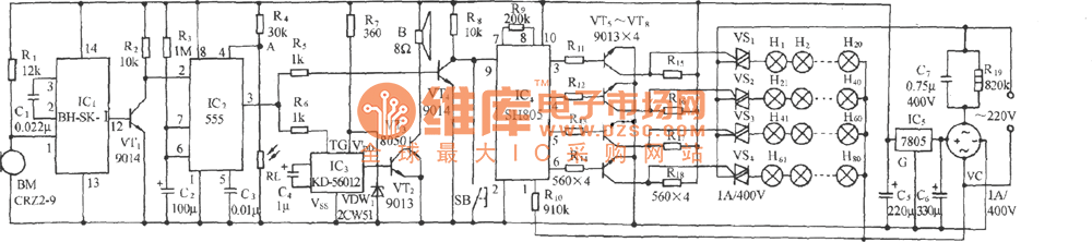 采用SH805的聲光雙控大功率彩燈伴鳥鳴聲電路圖