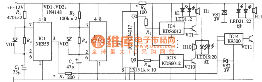電子百鳥朝鳳(NE555、CD4017)電路圖