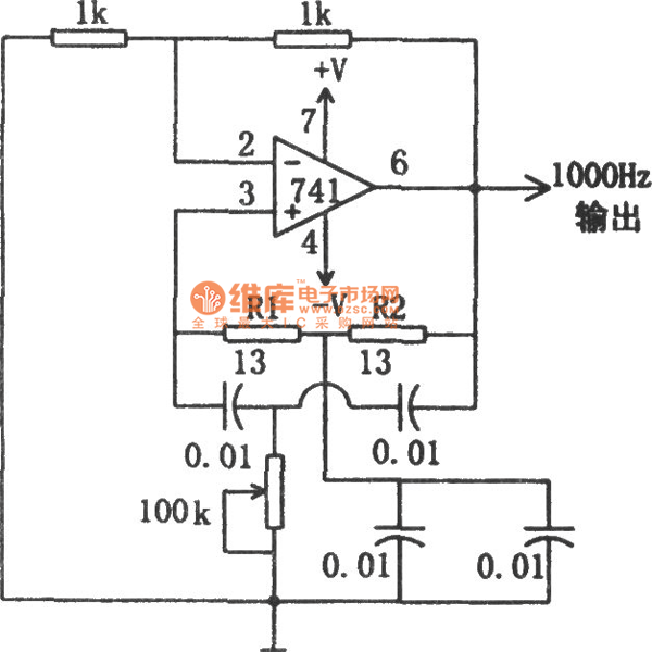 1kHz正弦波振蕩器(741)電路圖