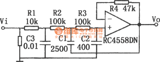 倍頻程衰減-18dB的有源低通濾波器(RC4558DN)電路圖