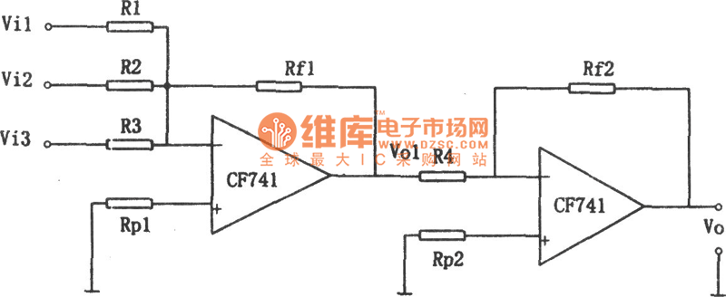 CF741構(gòu)成的輸入輸出同相加法電路圖