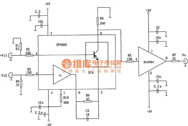 400MHz差動放大器(OPA660、BUF601)電路圖