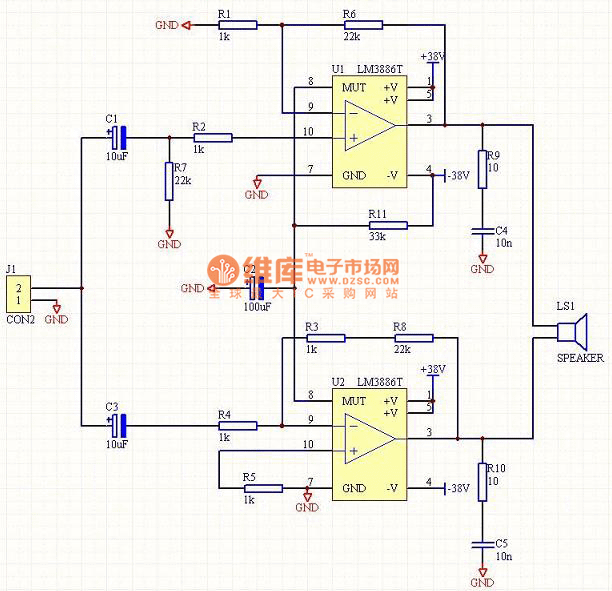 LM3886 BTL功放電路圖