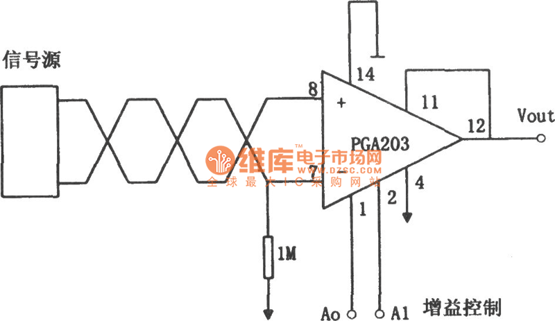 PGA203構成的浮動信號源增益可編程放大器電路圖