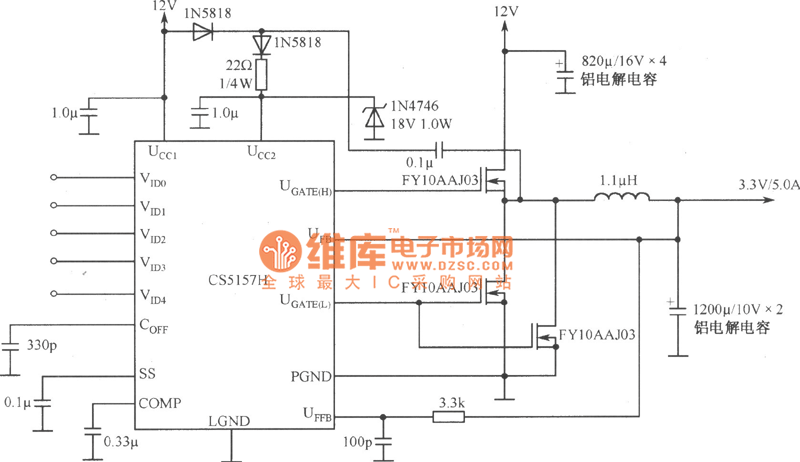 CS5157H構(gòu)成的有遙控檢測(cè)的l2V至3.3V／5.0A變換器電路圖