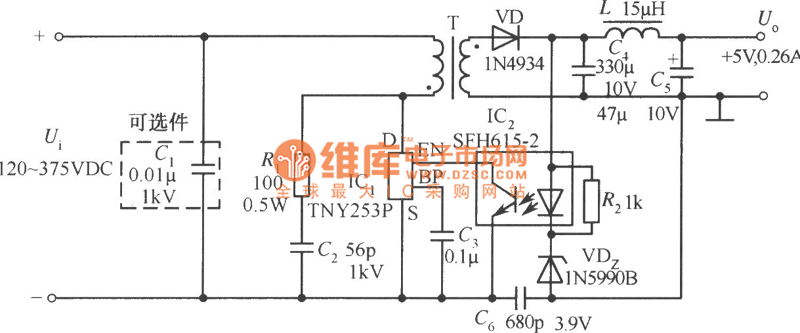 如圖所示TNY253P構成的5V、0.26A彩電待機電源電路圖 