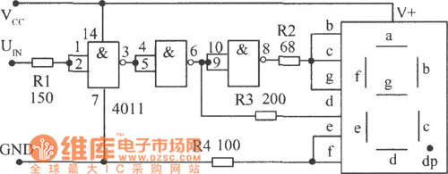 CMOS與非門4011接成反相器組成的電平測試電路圖